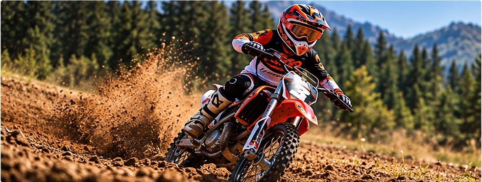 Jeune pilote de motocross en action sur une moto enfant